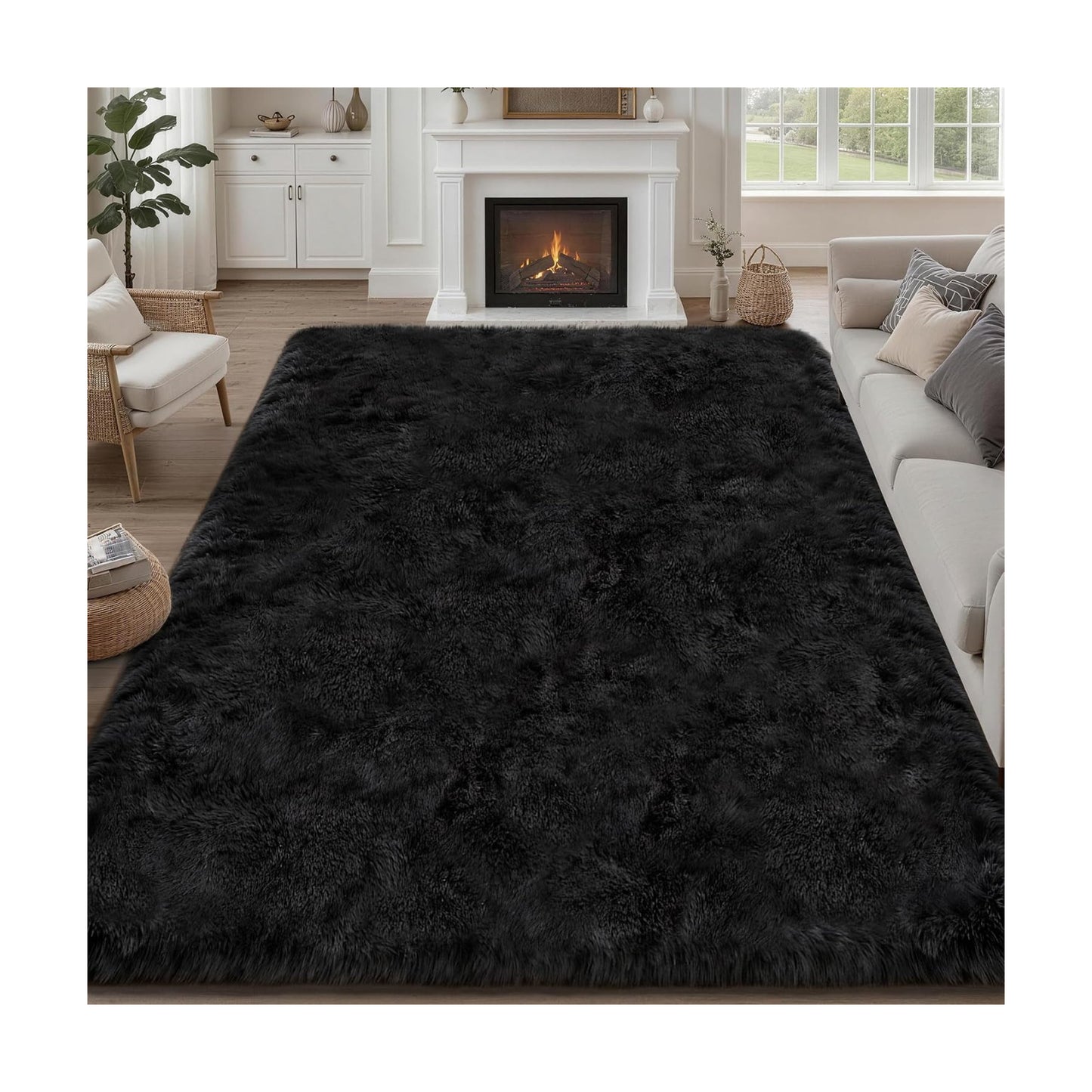 8x10 Area Rug Living Room Bedroom: Fluffy Plush Shag Carpet Black