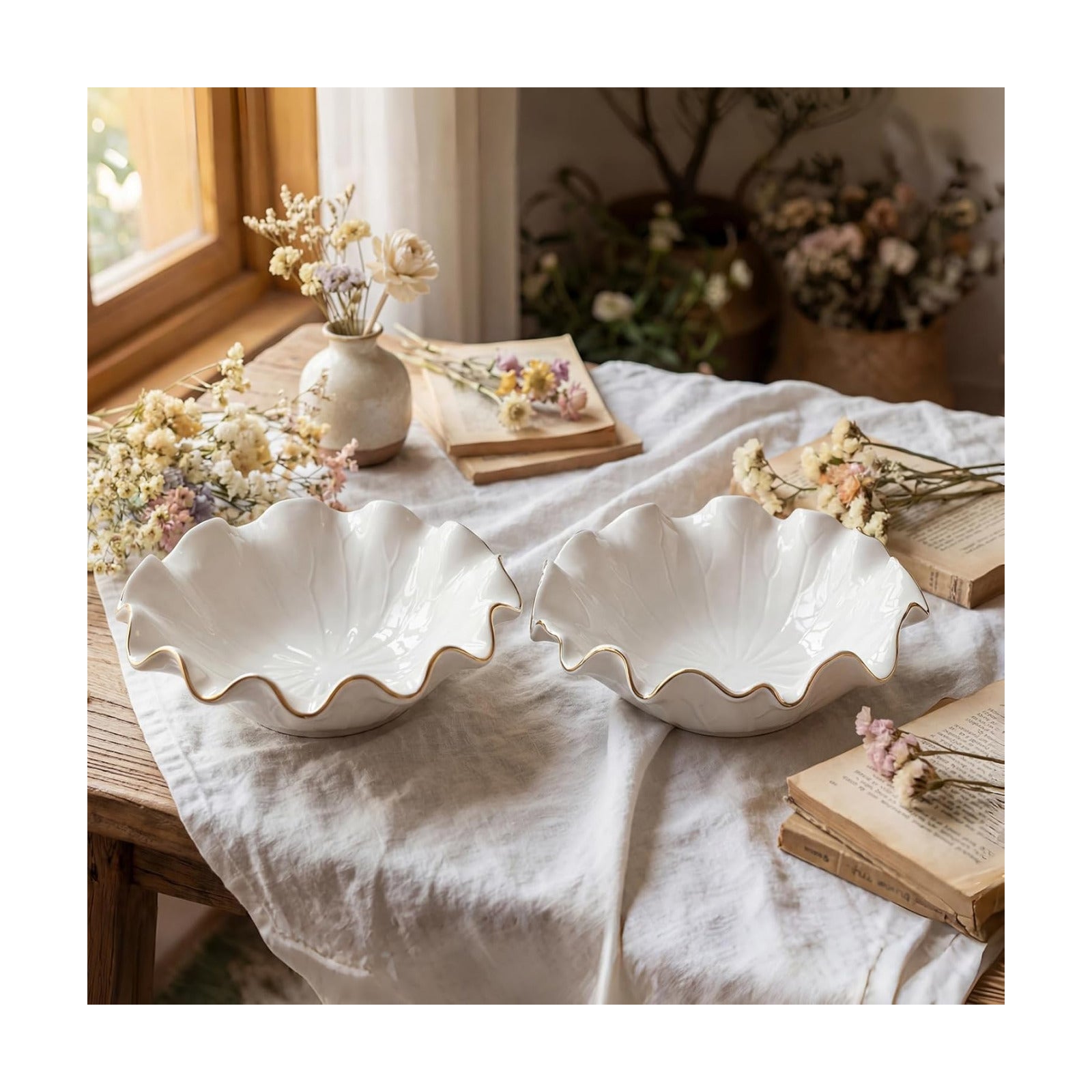 Lotus Ceramic Decorative Bowls Ruffle Lotus Leaf Scalloped Bowl / White / 7.48 x 2.56 / Set of 2
