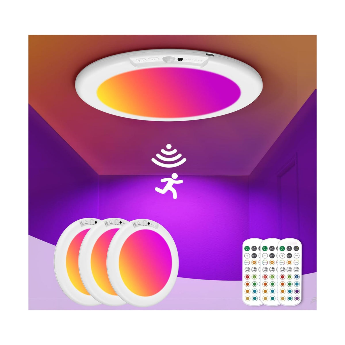 3 Pack Rechargeable Motion Sensor Ceiling Light with Remote, Wireless Battery Operated Closet Light with 13 Colors