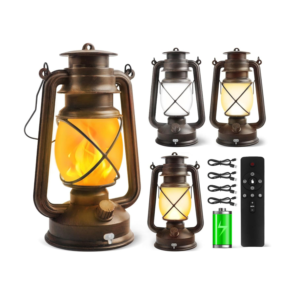 4 Pack Bronze Vintage 4 Modes Rechargeable Lanterns with Remote Control | Dancing Flame LED Lights, Waterproof Hanging