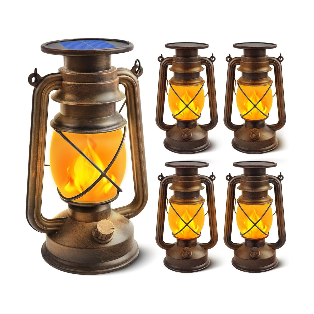 Solar Lanterns Outdoor Waterproof, 4 Pack Vintage LED Hanging Lights | Dancing Flame with Auto On/Off, Bronze Ambient