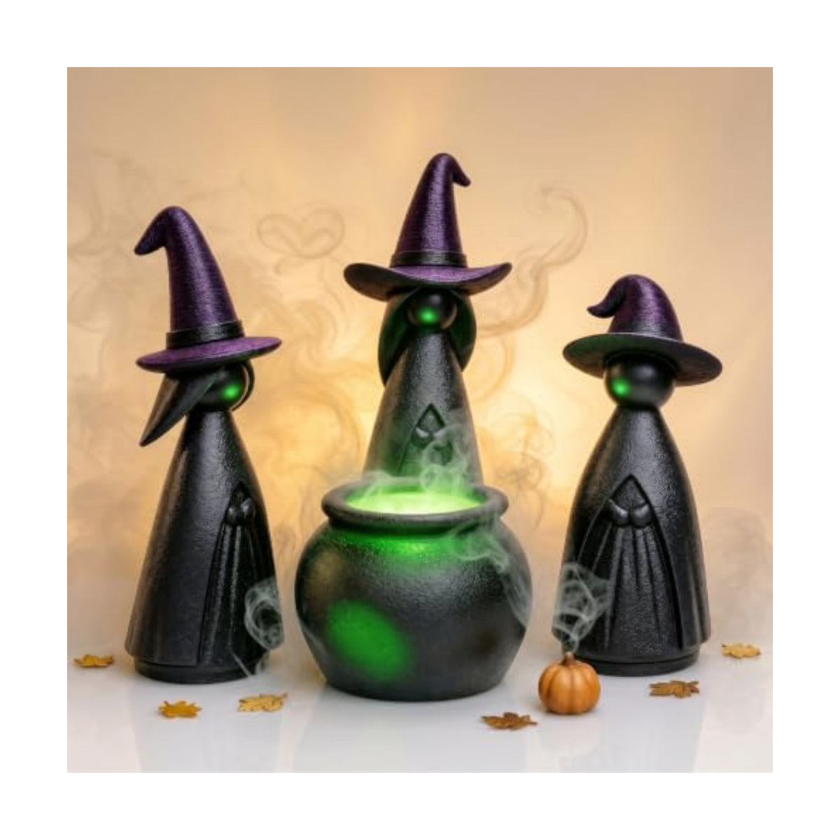 NEROSUN 4 PCS Halloween Witches Cauldron Figurine, Resin Miniature Scary Witches Tabletop Ornaments, Lighted Cauldron Ornaments for Indoor Outdoor Fireplace Shelf Home Halloween Party Decor Supplies