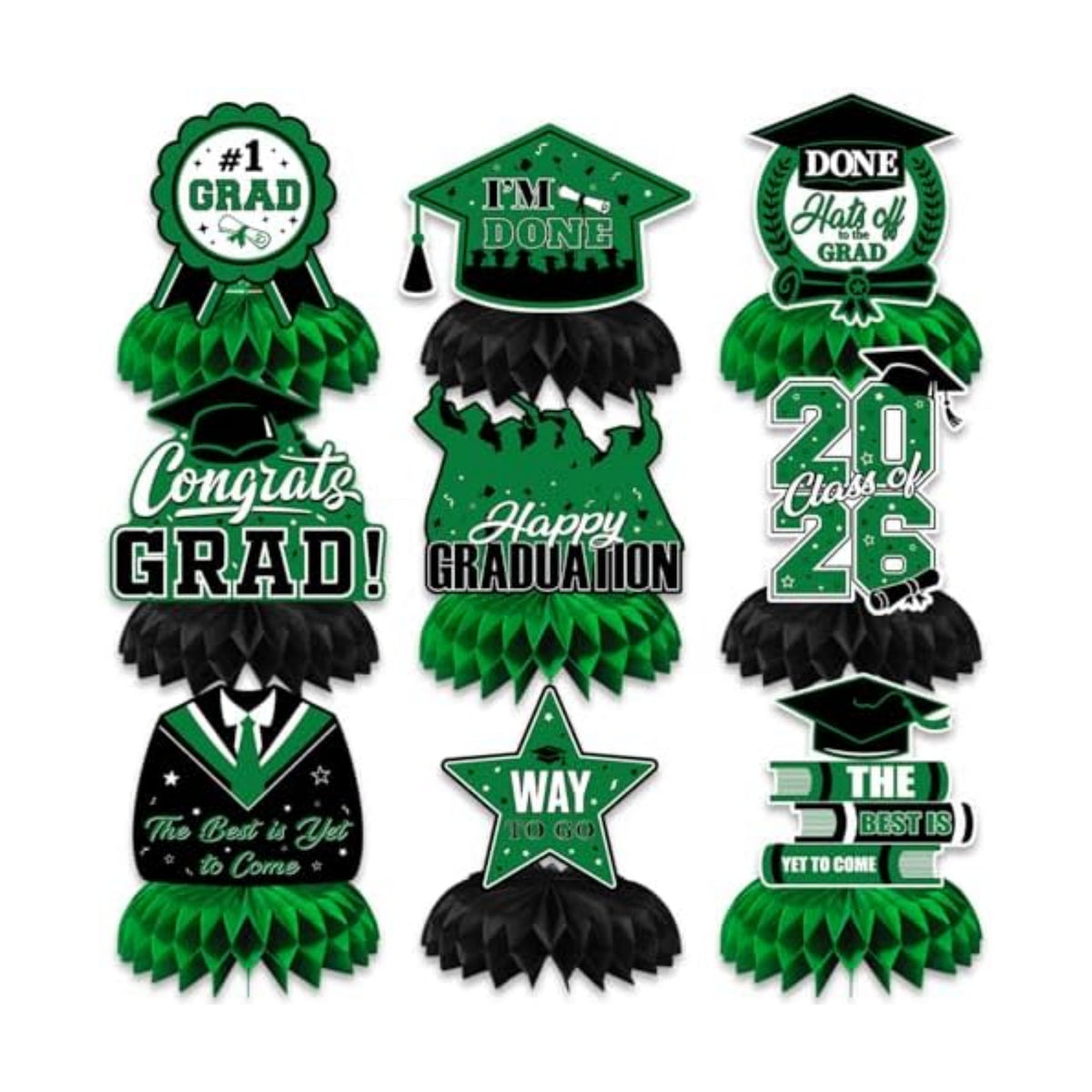 Graduation Table Decorations 2026,Green Graduation Centerpieces for Tables, 9Pcs Honeycomb Centerpieces, 3D Congrats Grad Table Toppers for Grad Party Decorations, Class of 2026 Decor