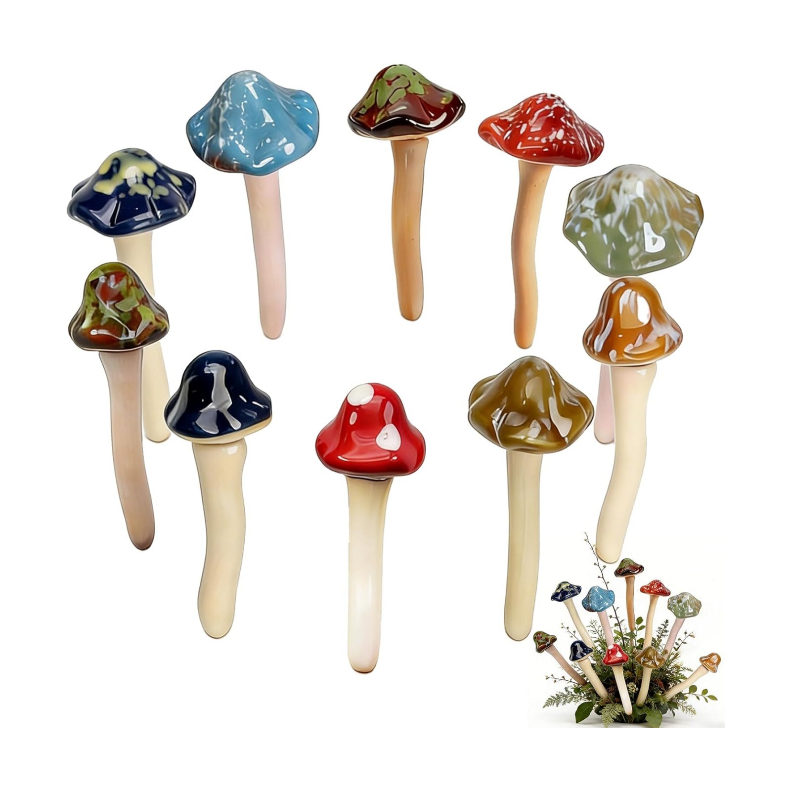Indoor Plant / Ceramic Garden Mushrooms / Set of 10