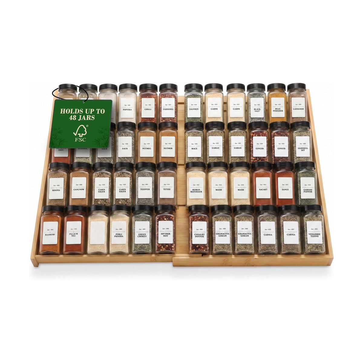 Bamboo Spice Drawer Organizer, Expandable 12 to 23 Inch Insert Holds 48 Jars, 4 Tier Seasoning Rack for Kitchen Drawer