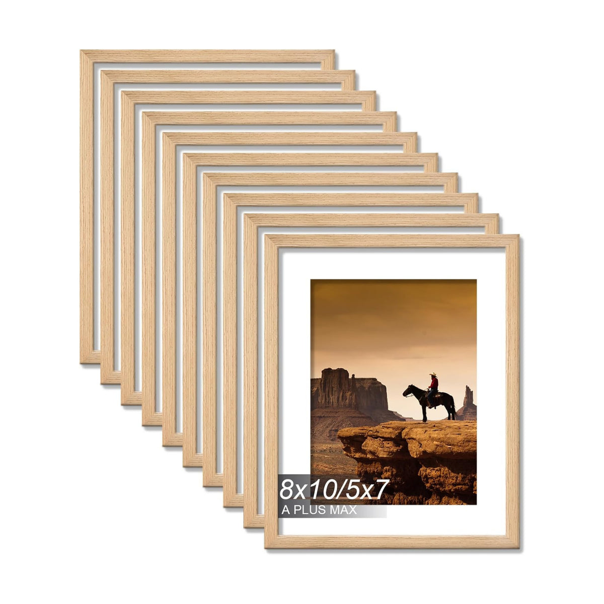 8x10 Picture Frame Set of 10 Natural Light Weight Tabletop and Wall Mount | 8 x 10 Inch Natural Wood-grain Engineered