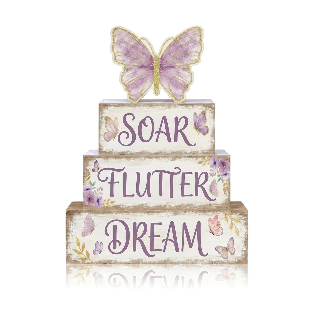Britimes Tiered Tray Decor Set, 4 Pack, Wooden Table Sign, Butterfly Floral