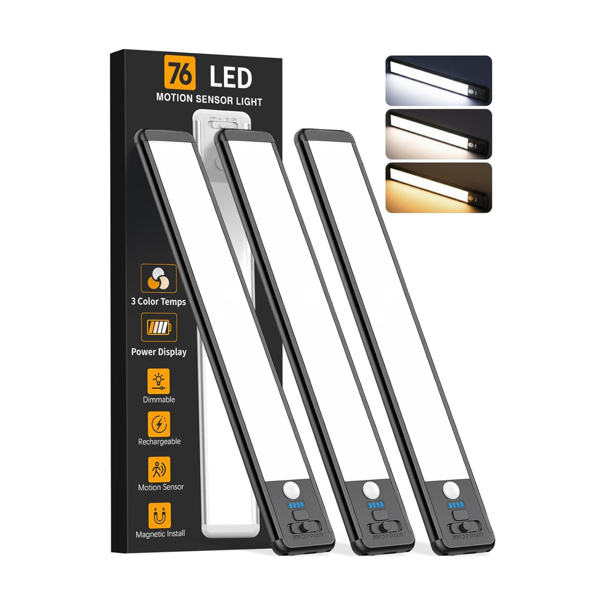 Under Cabinet Lighting Wireless, 10inch Motion Sensor Light, 3Pack-Black | Rechargeable, 3 Color Temps, Dimmable, Power