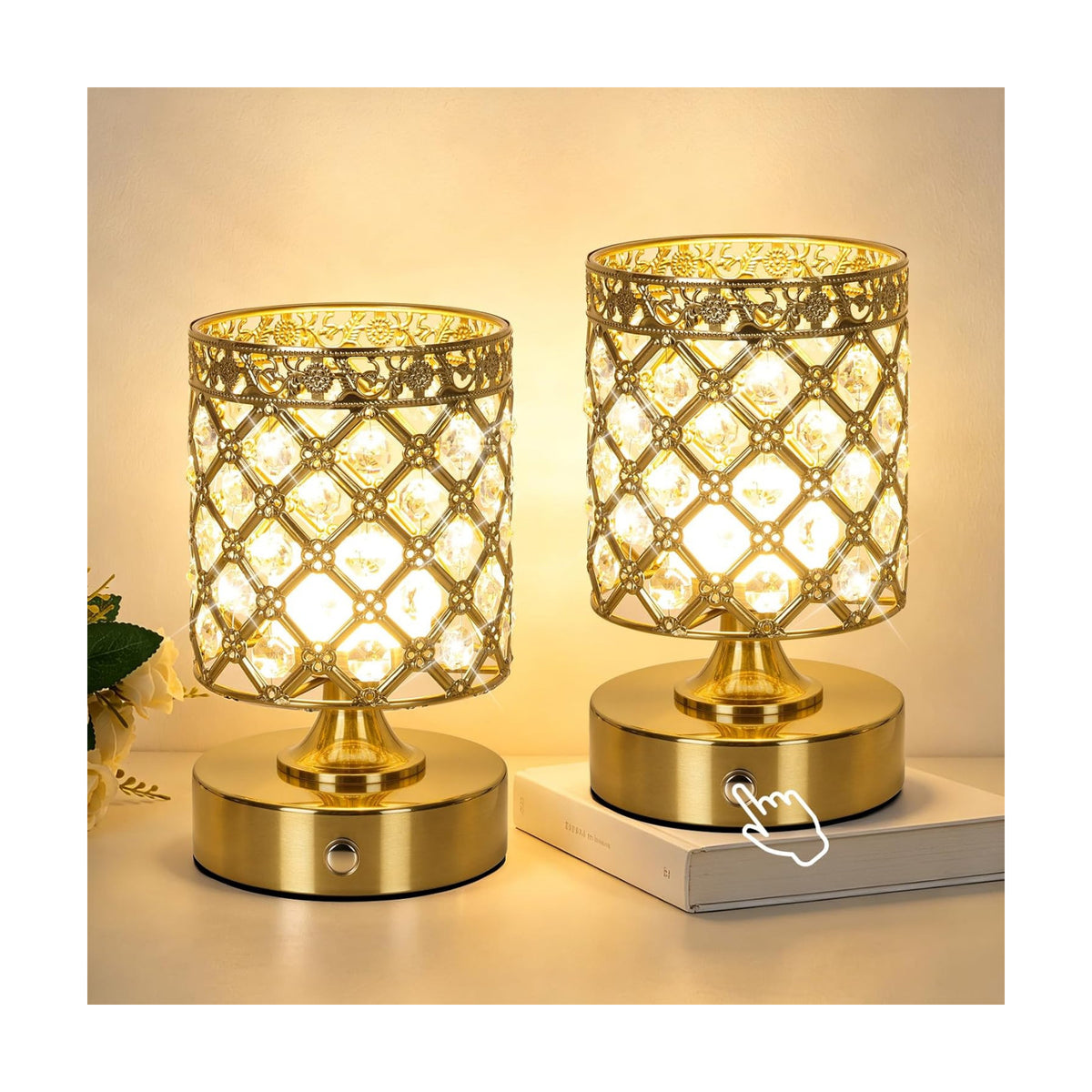 Gold Small Crystal Rechargeable Cordless Table Lamps Set of 2 | 6000mAh Battery, 3 Color Temps, Stepless Dimming, Touch
