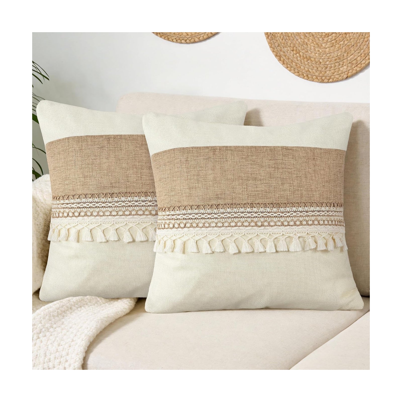 Boho Pillow Covers / Boho Beige Tassles-b / 18 x 18 / Set of 2