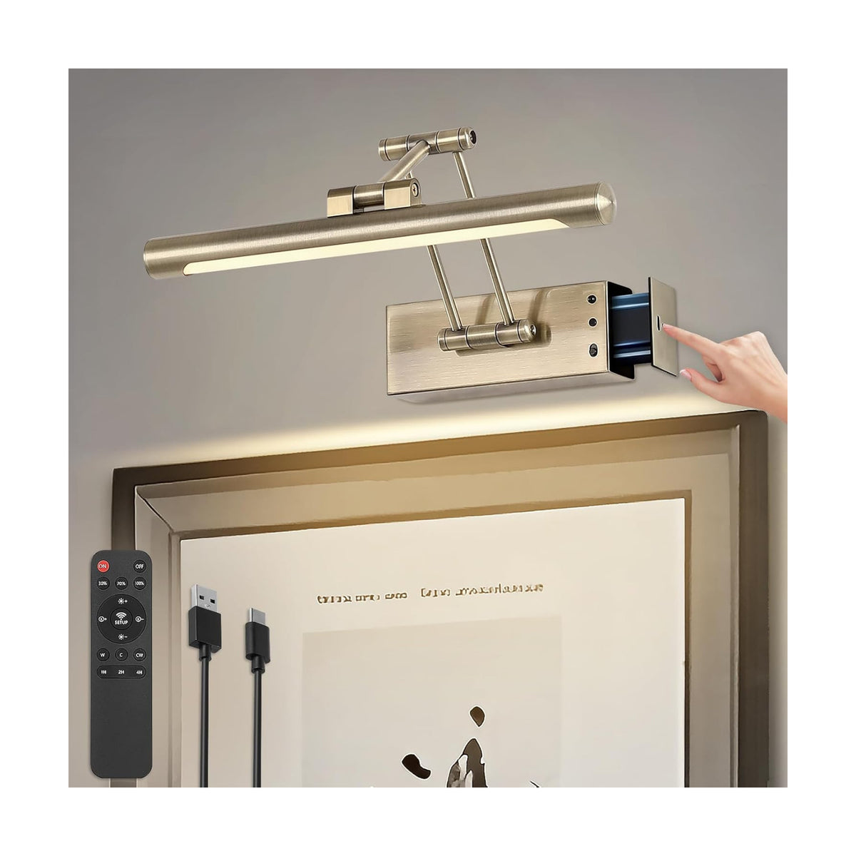 Battery Operated Picture Light for Wall, Wireless Art Lights Antique Bronze | Rechargeable Gallery Lights with Remote