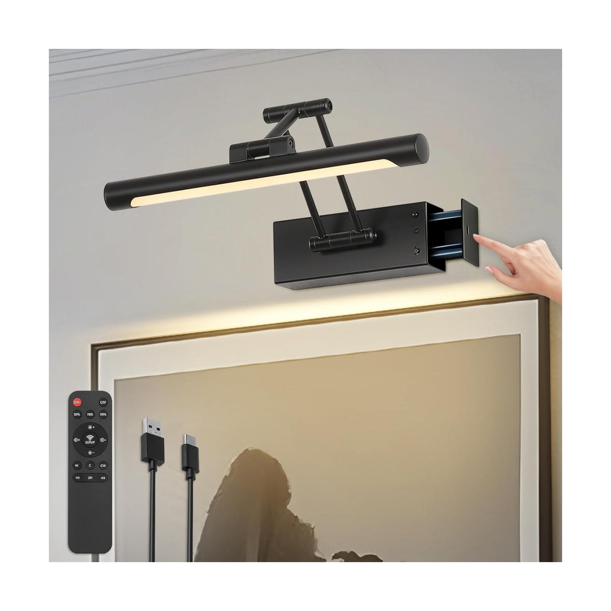 Battery Operated Picture Lights for Wall, Wireless Gallery Lights Black | Dimmable Picture Lighting with Remote and