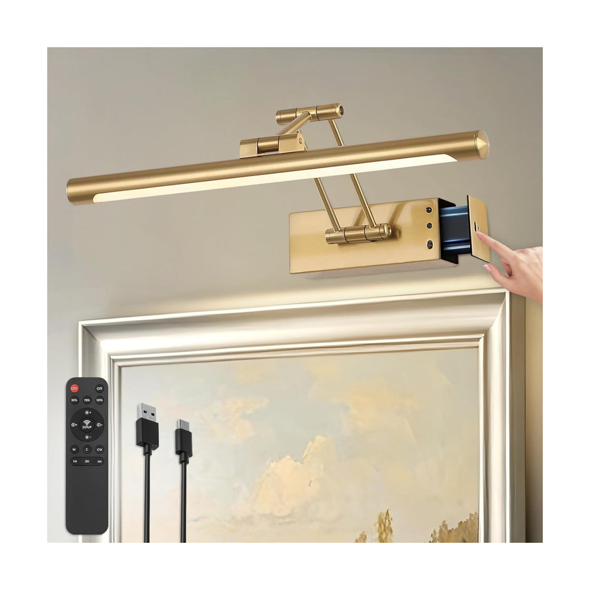 Picture Lights for Wall Battery Operated Art Light Wireless Brass 15.75Inch | Rechargeable Gallery Light with Remote