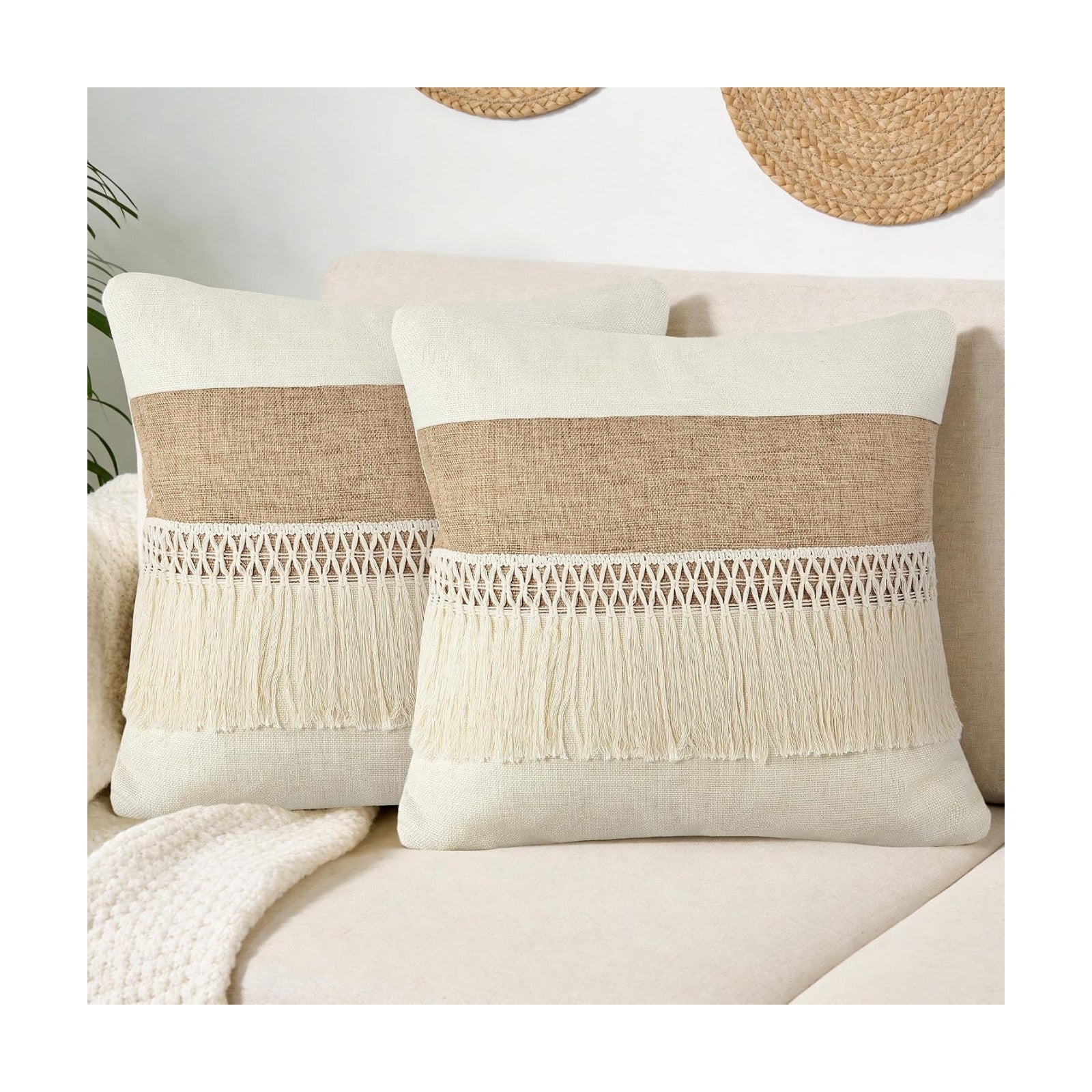 Boho Patchwork Linen Throw Pillow Covers / Boho Long Fringe-beige / 18 x 18 / Set of 2