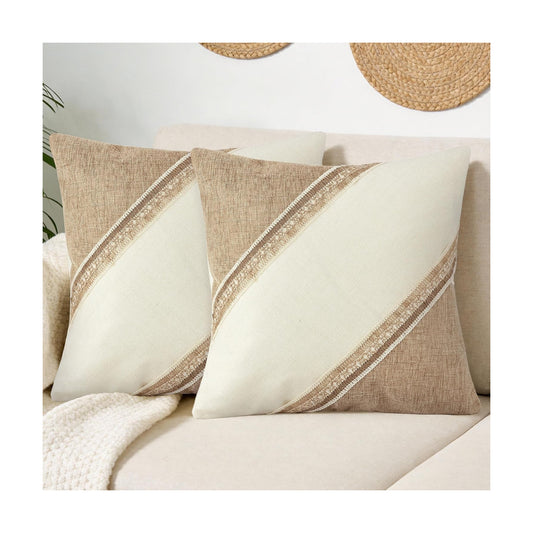 Boho Patchwork Linen Throw Pillow Covers / Diagonal Trim-khaki / 18 x 18 / Beige / Set of 2