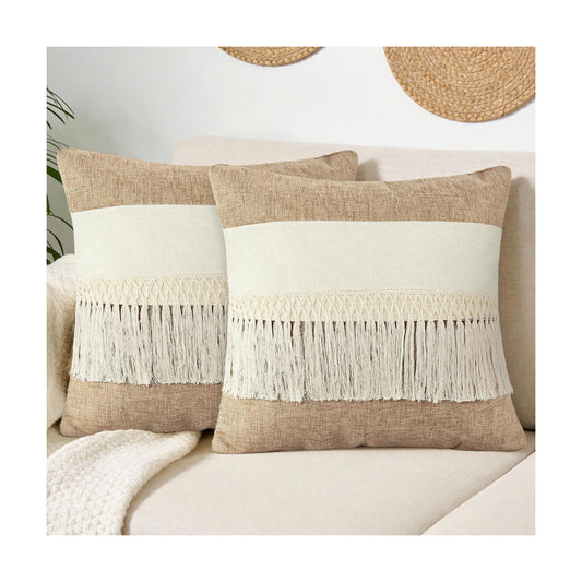 Boho Pillow Covers / Boho Long Fringe-khaki / 18 x 18 / Set of 2