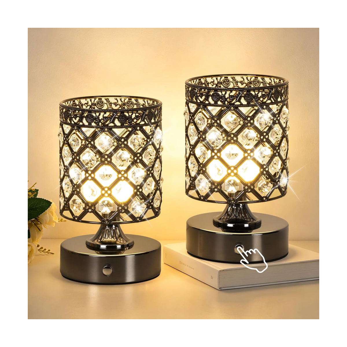 Black Small Crystal Rechargeable Cordless Table Lamps Set of 2 | 6000mAh Battery, 3 Color Temps, Stepless Dimming