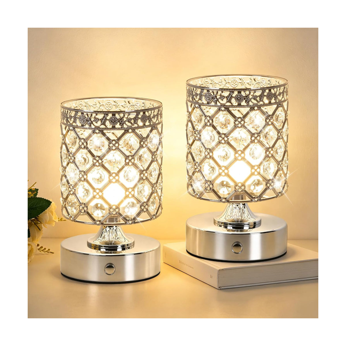 Silver Small Crystal Rechargeable Cordless Table Lamps Set of 2 | 6000mAh Battery, 3 Color Temps, Stepless Dimming