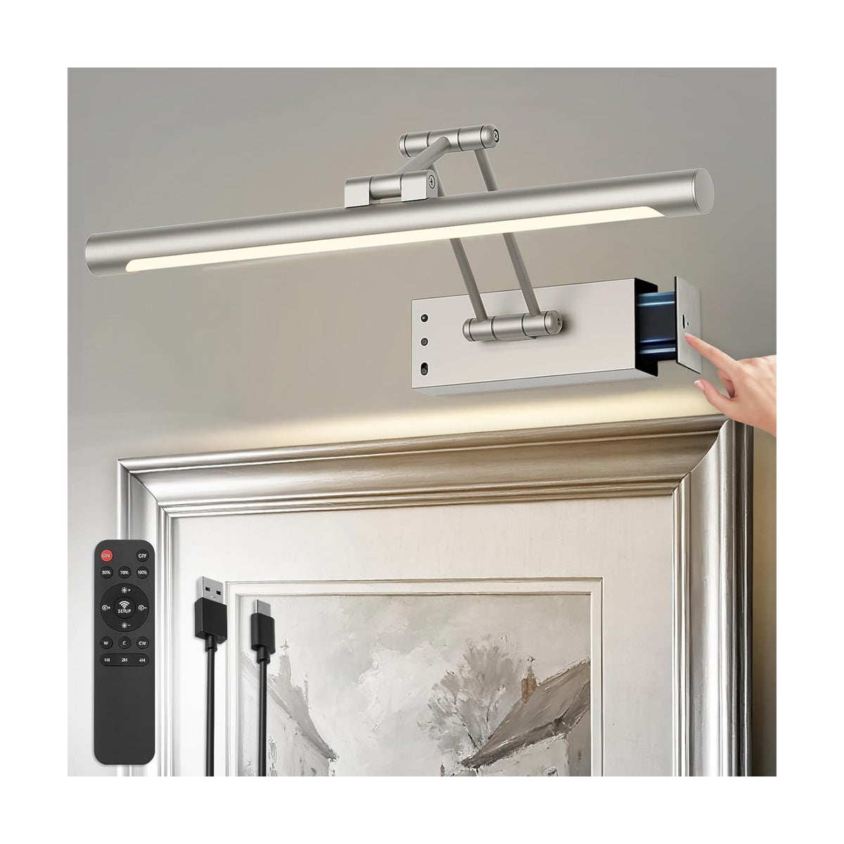 Battery Operated Picture Light for Wall Wireless Art Light 15.75 Inch | Gallery Lights with Remote and Timer Brushed