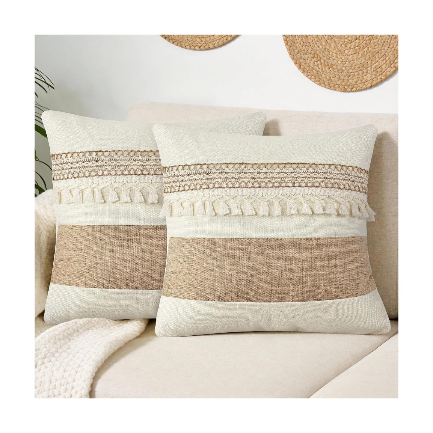 Boho Patchwork Linen Throw Pillow Covers / Beige / 18 x 18 / Set of 2