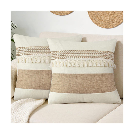 Boho Patchwork Linen Throw Pillow Covers / Beige / 18 x 18 / Set of 2