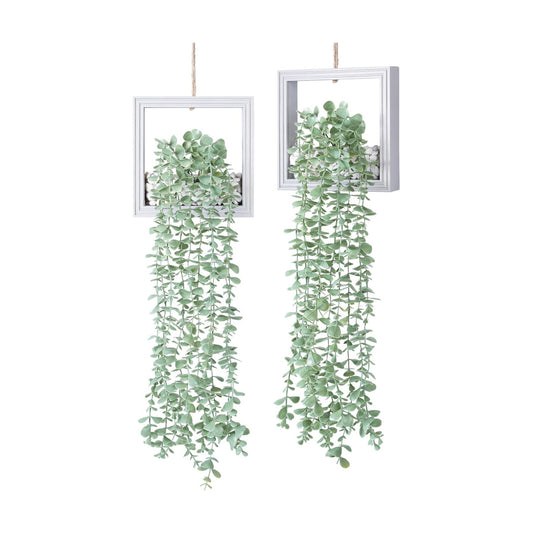 Artificial Eucalyptus Vines in Square Wooden Frame / 7.8" White / Set of 2