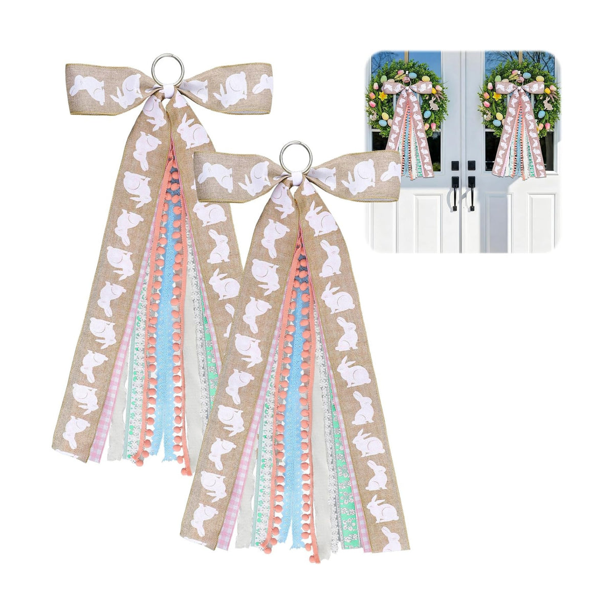 Suncalla 2 Pcs Easter Rabbits Ribbon Bow for Wreath Front Door