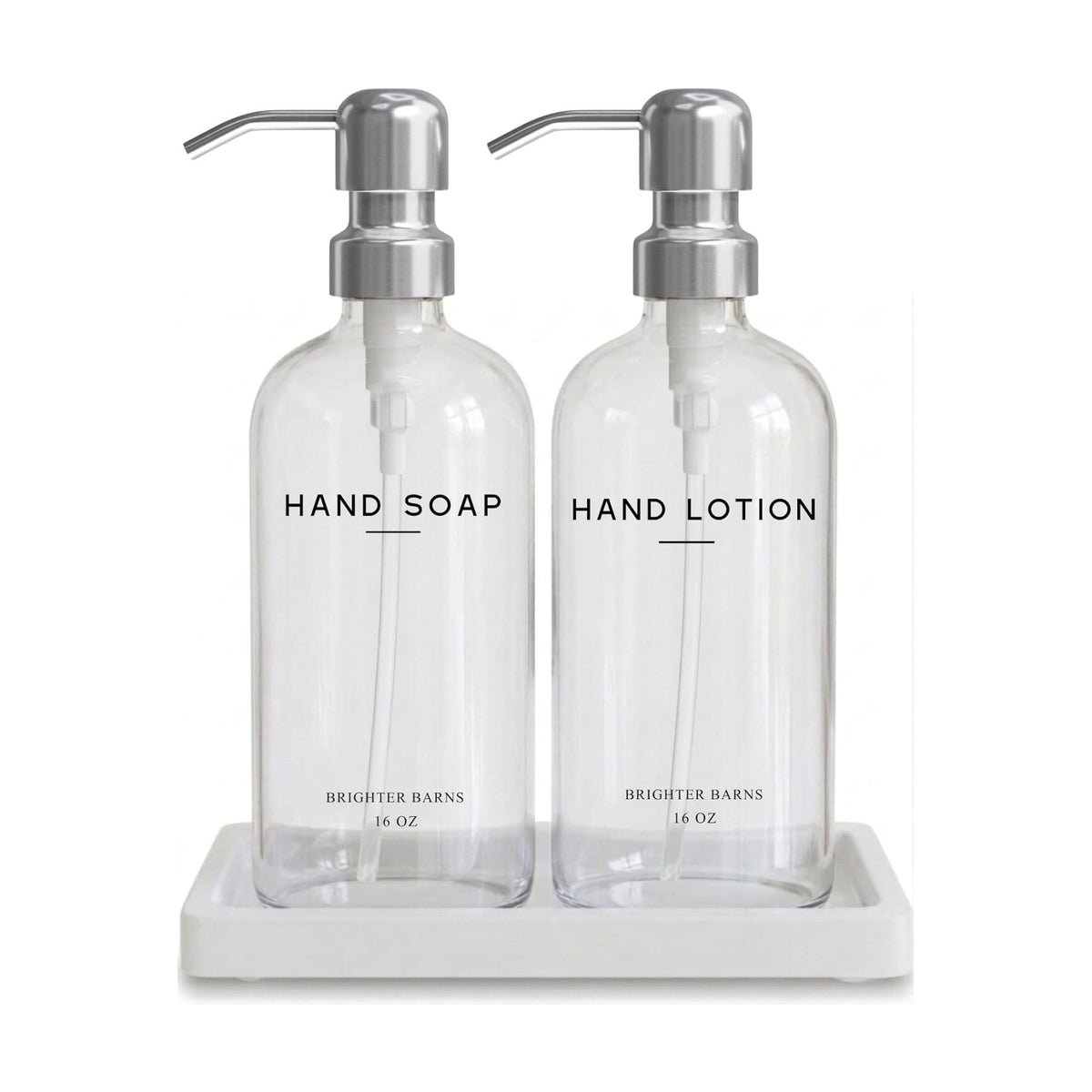 Glass Soap and Lotion Dispenser Set with Tray Set by Brighter Barns - Soap Dispenser Set with Stainless Steel Pump