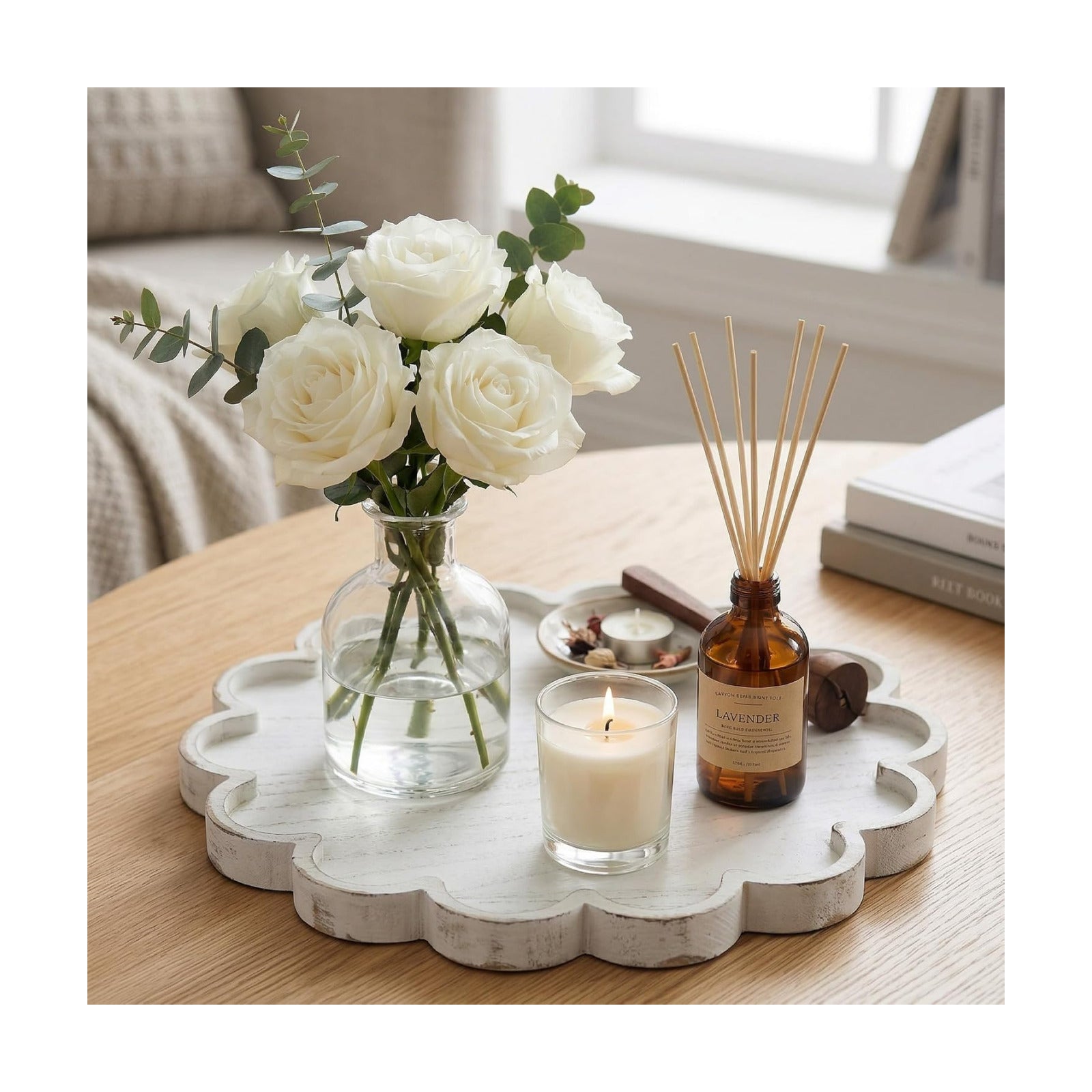 Decorative Serving Tray Wood Scalloped Serving Tray Round Wooden Display Plate / White / 12.6 Inch