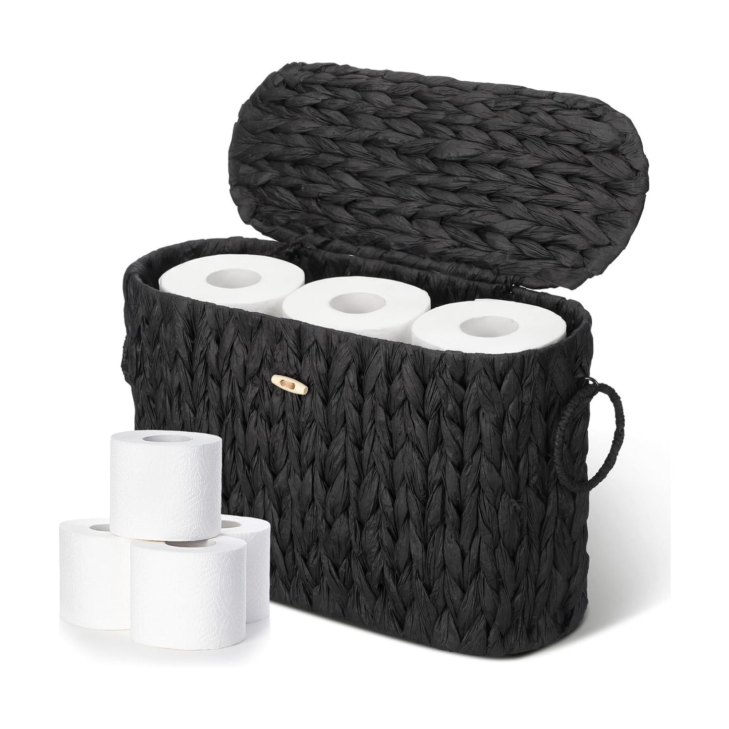 Lid Woven Bathroom Basket Toilet Paper Holder Holds up to 6 Mega / Black / Classic Style / Wicker