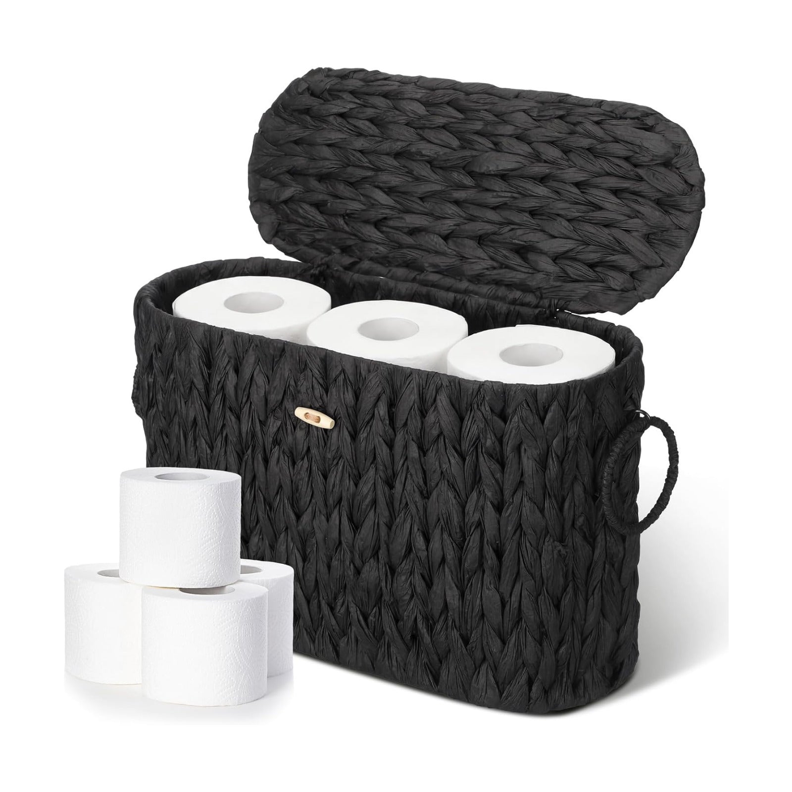 Lid Woven Bathroom Basket Toilet Paper Holder Holds up to 6 Mega / Black / Classic Style / Wicker