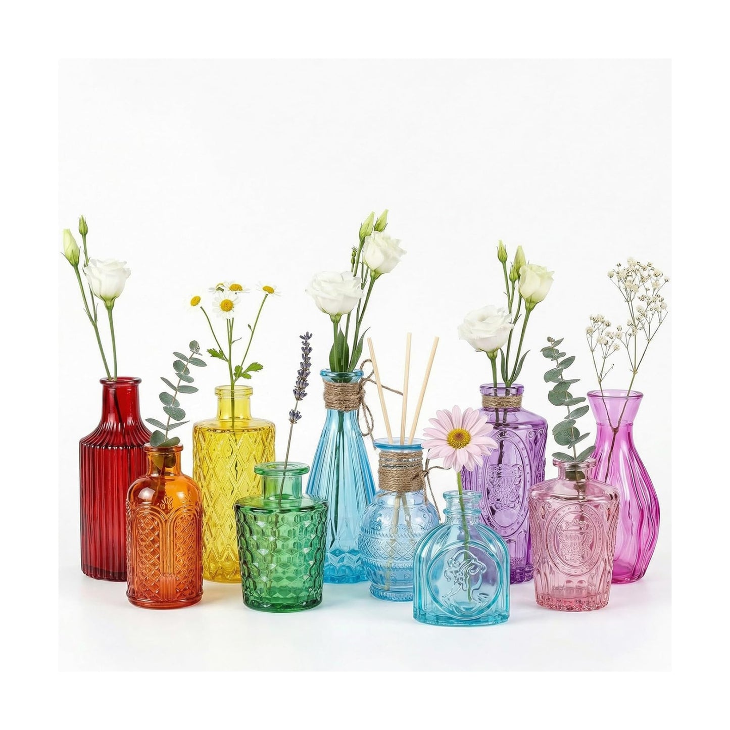 Colored Glass Bud Vase Set / Colorful / Set of 10