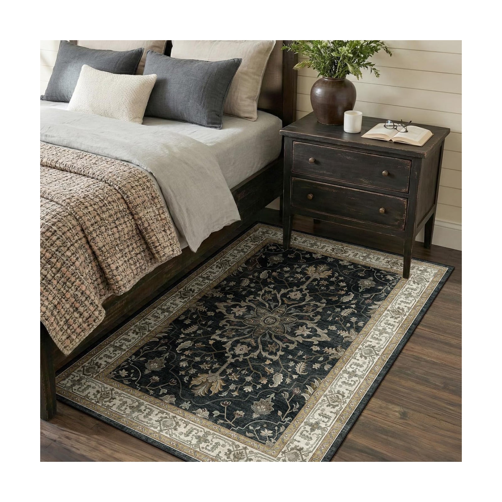 RELEANY Washable Area Rug, 3'x5', Black/Vintage/Beige