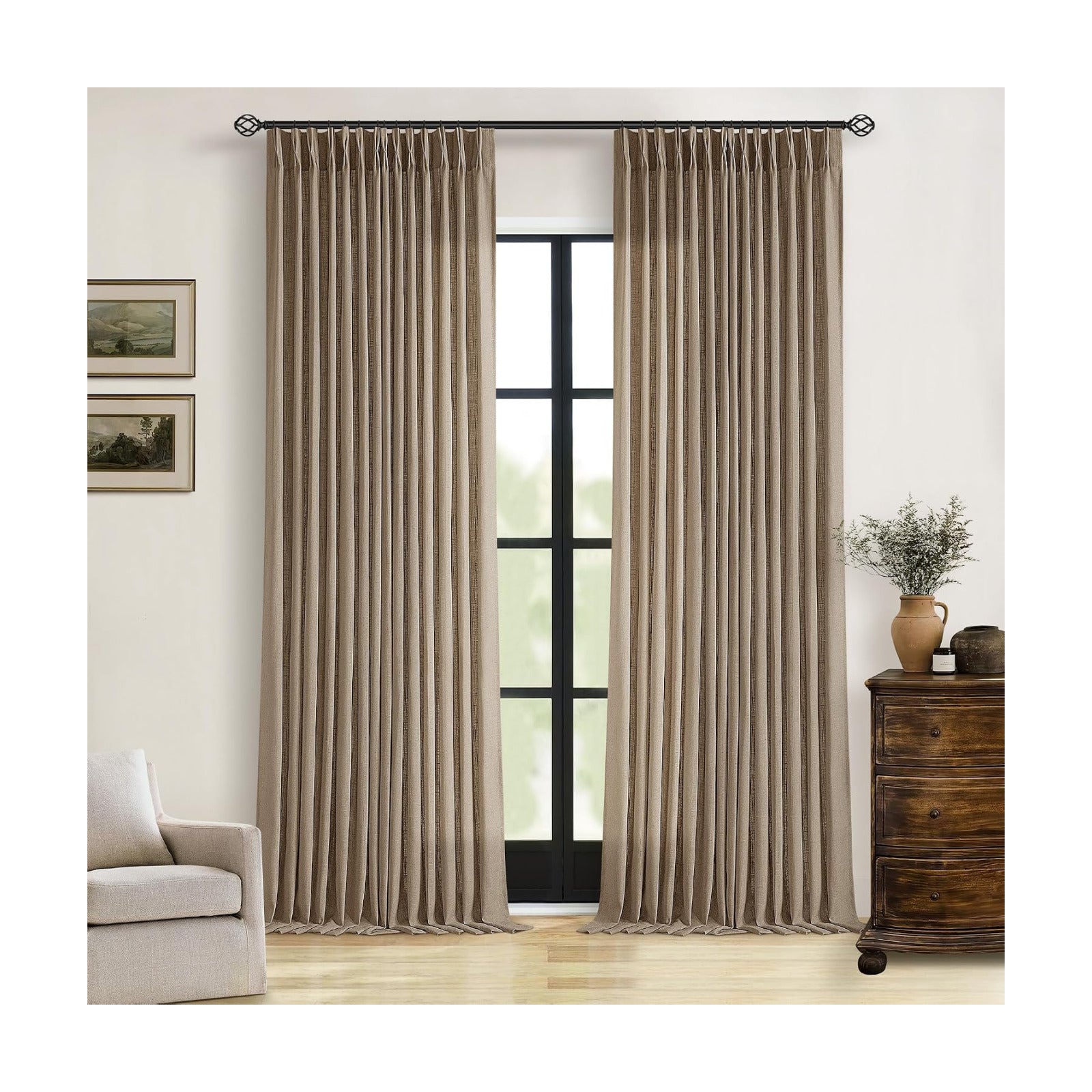 98 Inch Tan Brown Pinch Pleat Memory Trained Light Filter Linen Curtains