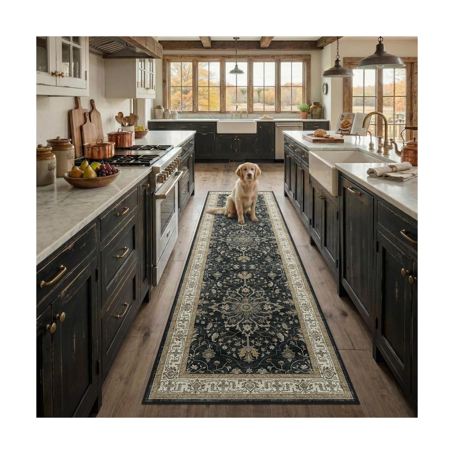 RELEANY Washable Area Rug, Runner 2'x8', Black/Vintage/Beige