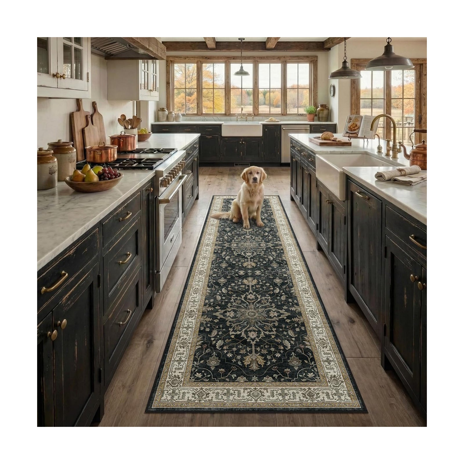 RELEANY Washable Area Rug, Runner 2'x8', Black/Vintage/Beige
