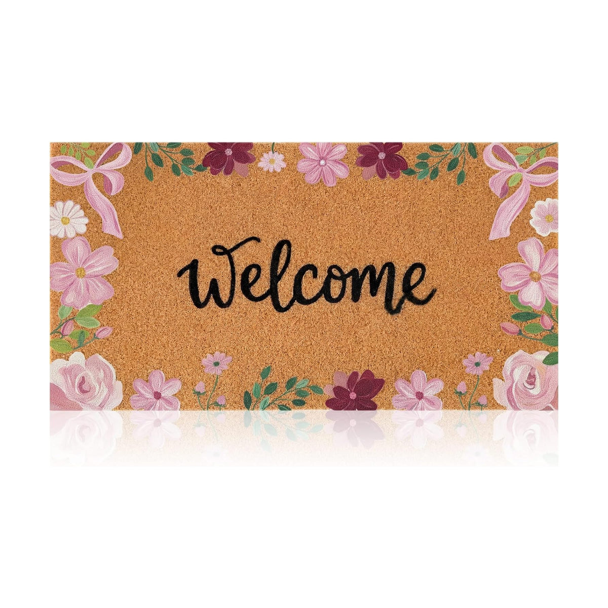 Pink Flower Welcome Door Mat Artificial Coir Doormat 16 x 30 in