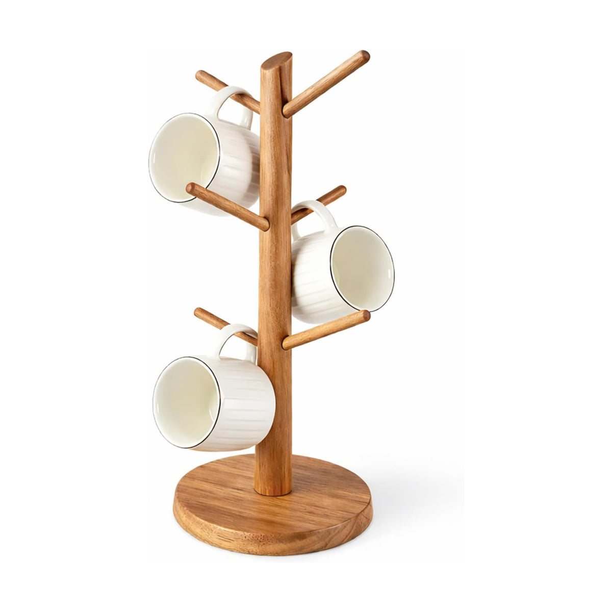 Large Acacia Wood Mug Holder Tree for Countertop | 6-Hook Coffee Mug Rack for Large & Tall Mugs, Wooden Coffee Cup