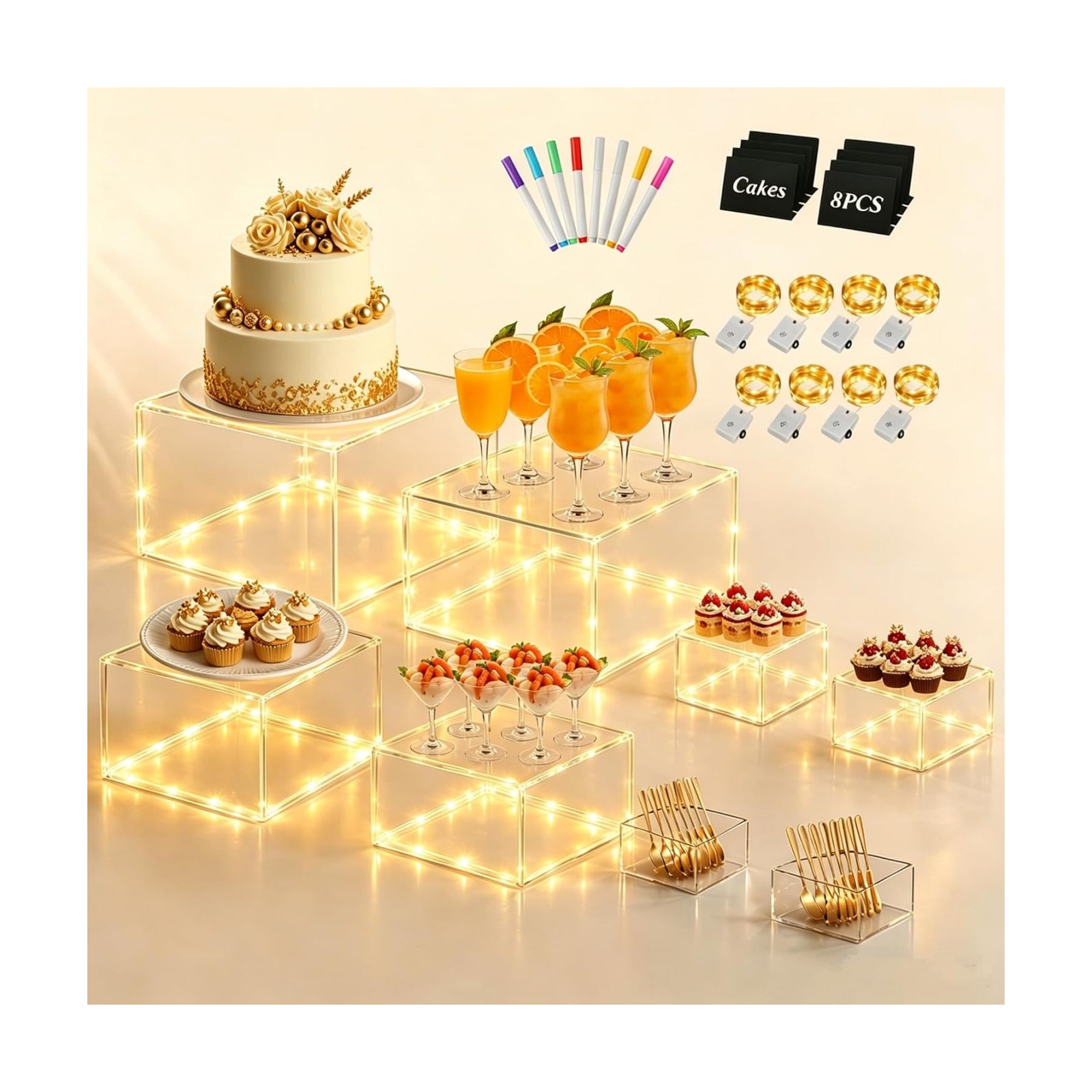 8 Pcs Clear Acrylic Buffet Risers with LED Fairy Lights, Acrylic Food Risers with Mini Sign and Maker, Clear Buffet