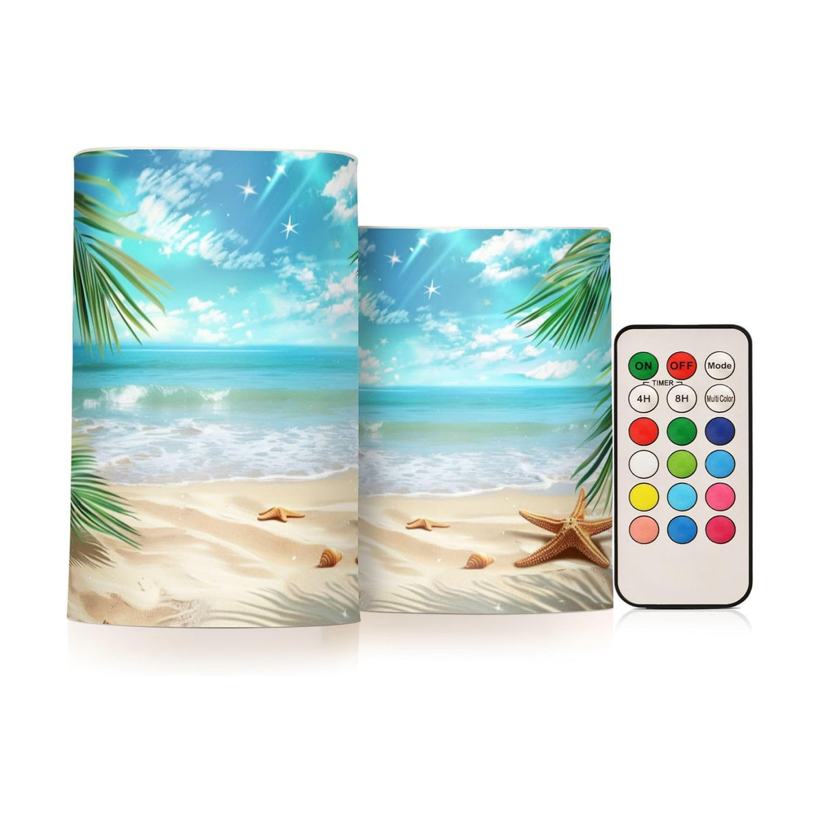 Flickering Flameless Candles, Palm Leaves Starfish Beach LED Candles with Remote Timer, Set of 2 Battery Operated