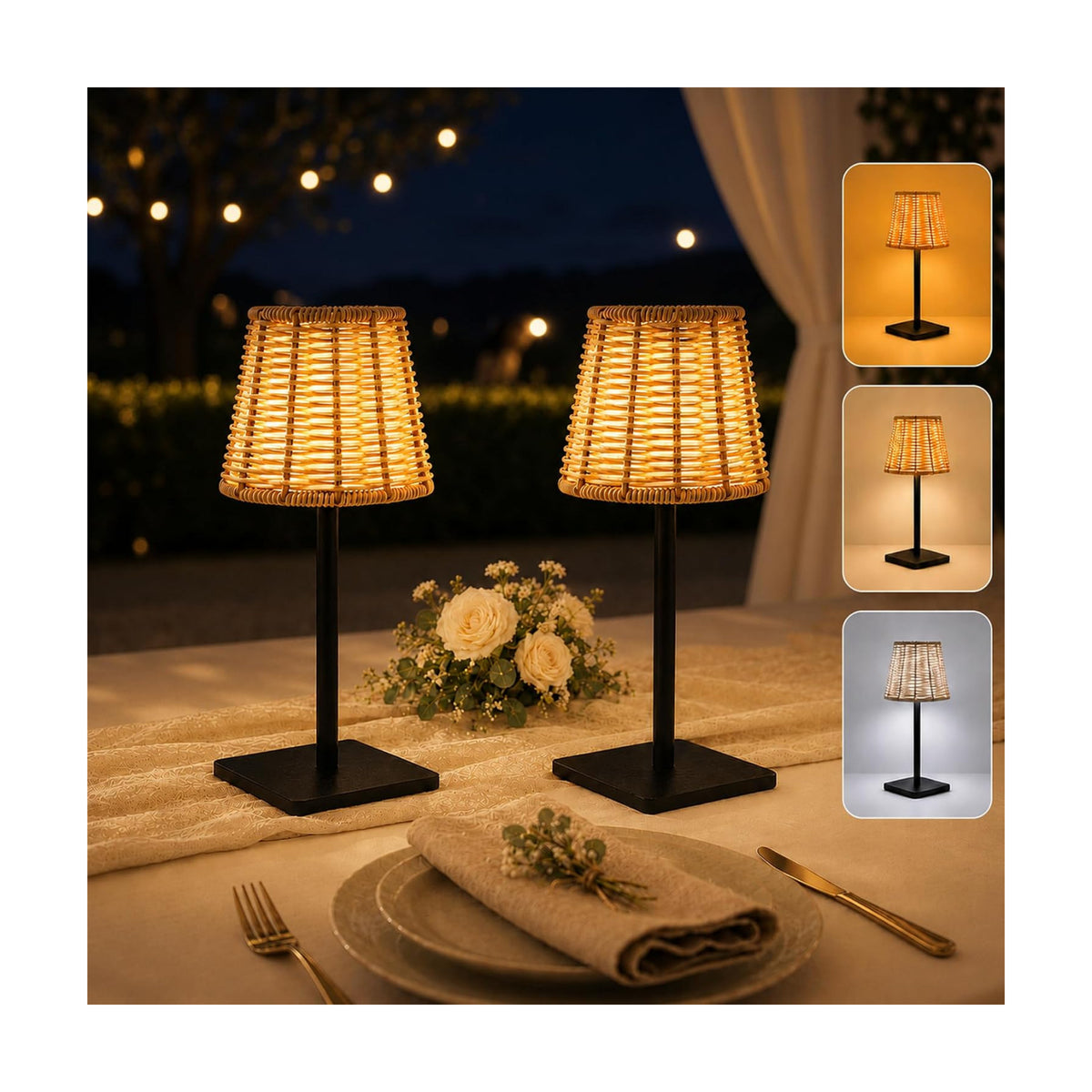 2 Pack Rattan Table Lamp, Rechargeable Small Wicker Lamp | Wedding Cordless Boho Rattan Lamp Shade with Dimmable LED