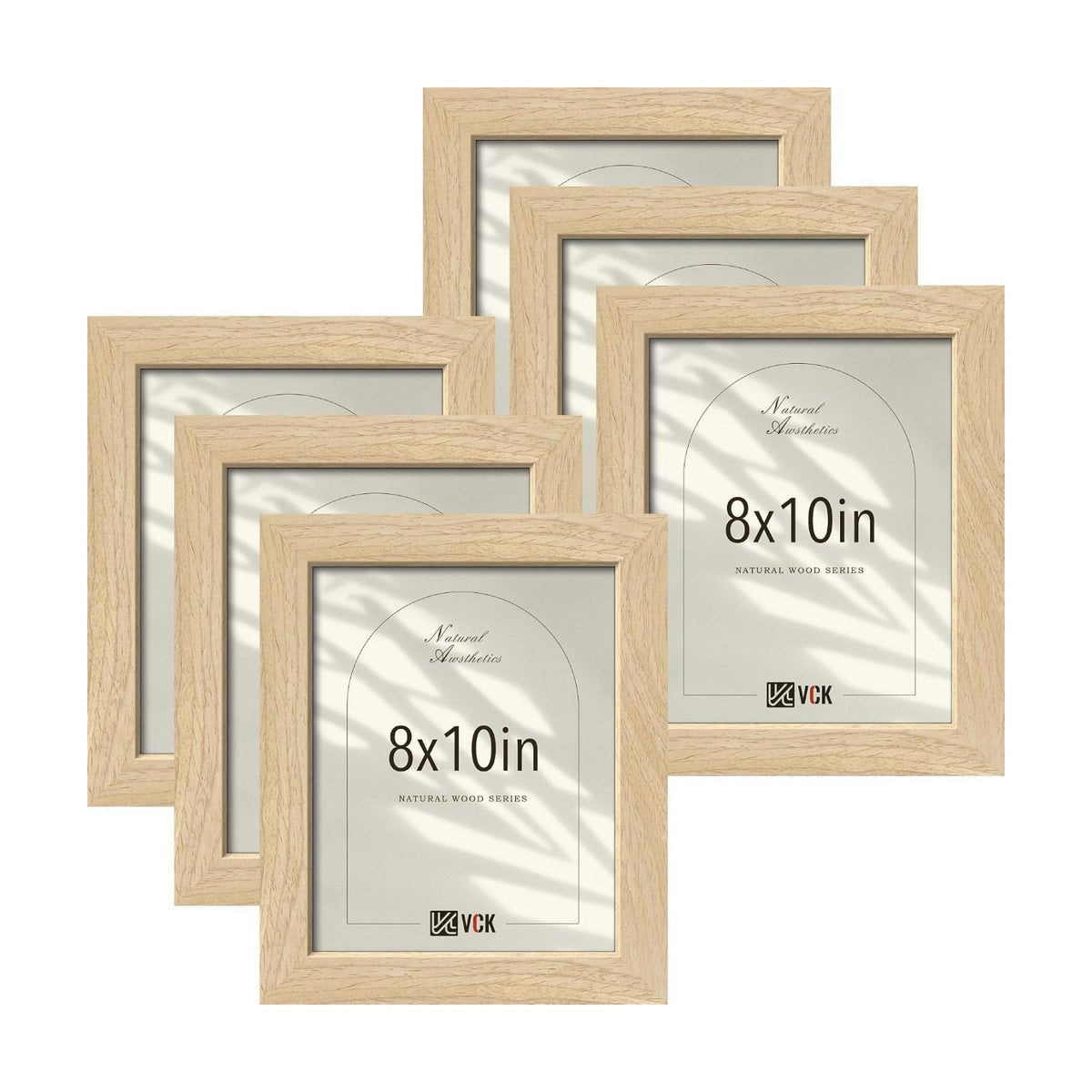 VCK 8x10 Picture Frames Set of 6, Natural Solid Wood, Wall/Tabletop Display | Wide Border, Light Woodgrain