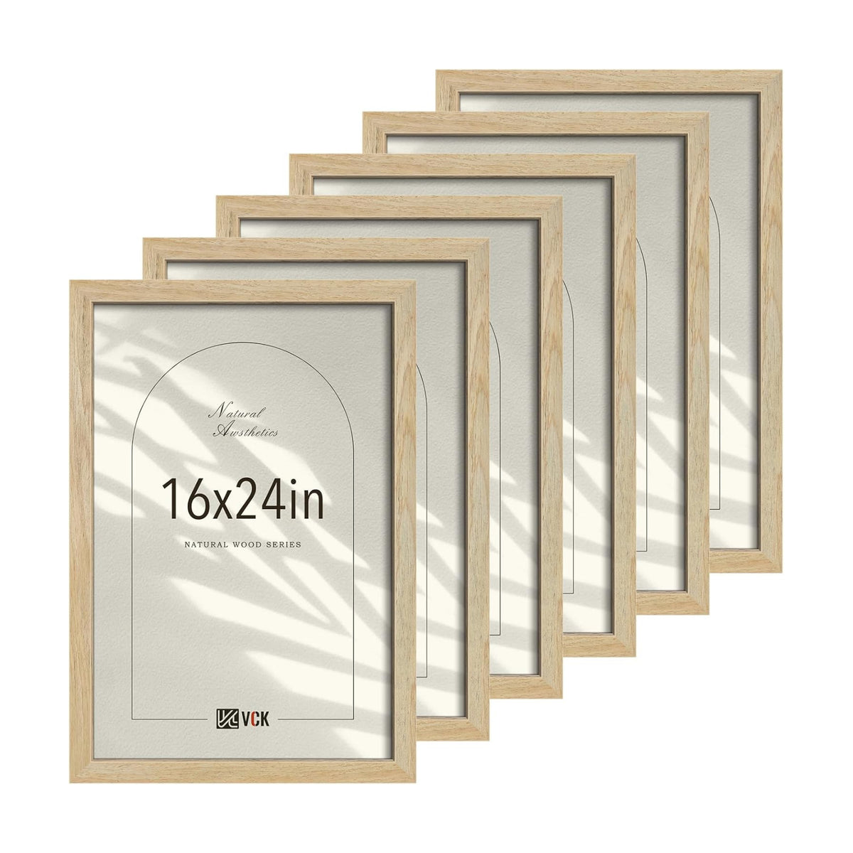 VCK 16x24 Picture Frames Set of 6, Natural Solid Wood, Wall Hanging | Wide Border, Light Woodgrain, Shatterproof