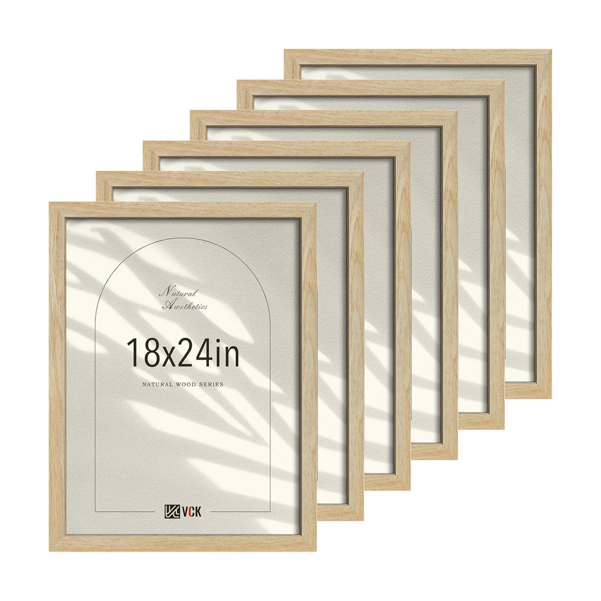 VCK 18x24 Poster Frames Set of 6, Natural Solid Wood, Wall Hanging | Wide Border, Light Woodgrain, Shatterproof