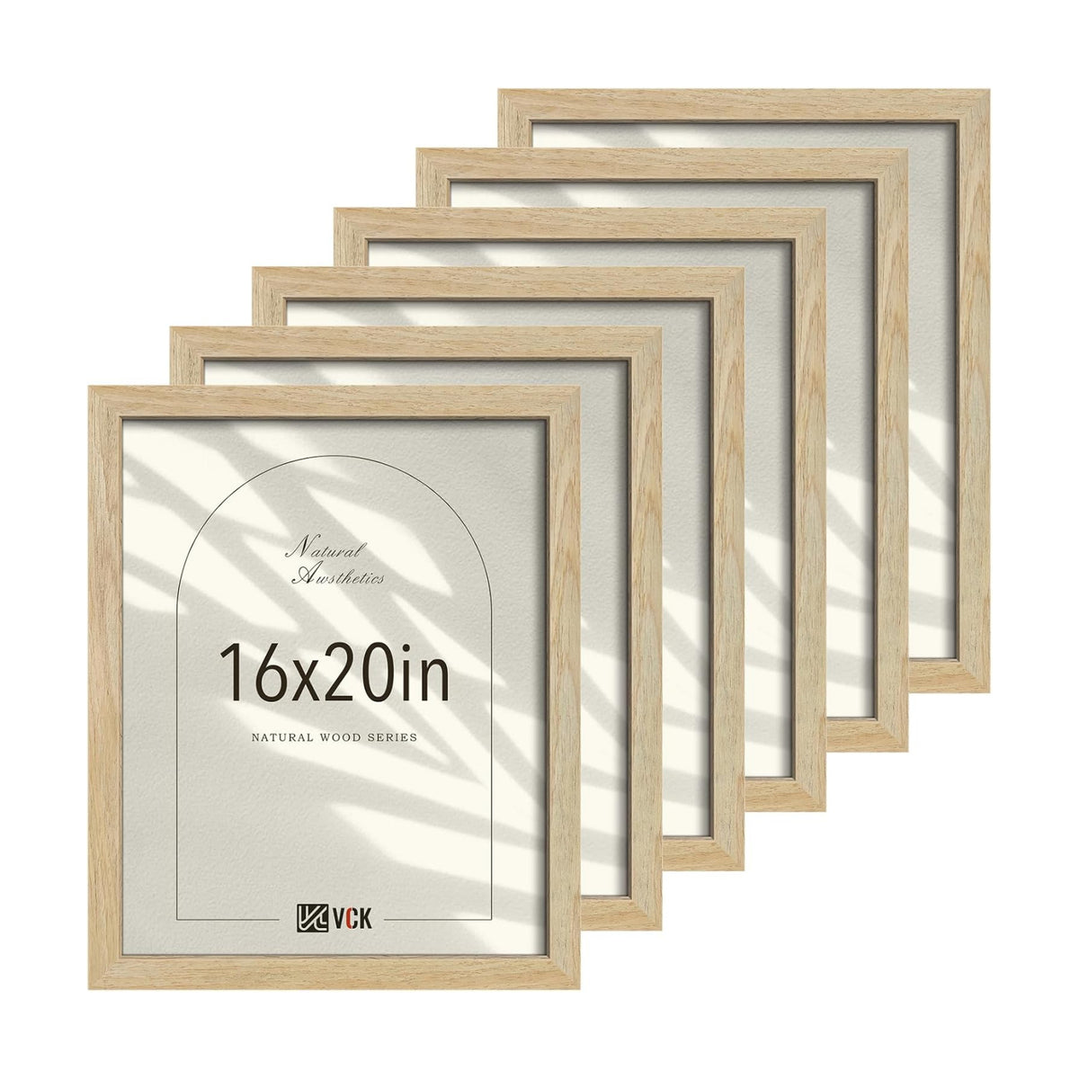VCK 16x20 Picture Frames Set of 6, Natural Solid Wood, Wall Hanging | Wide Border, Light Woodgrain, Shatterproof