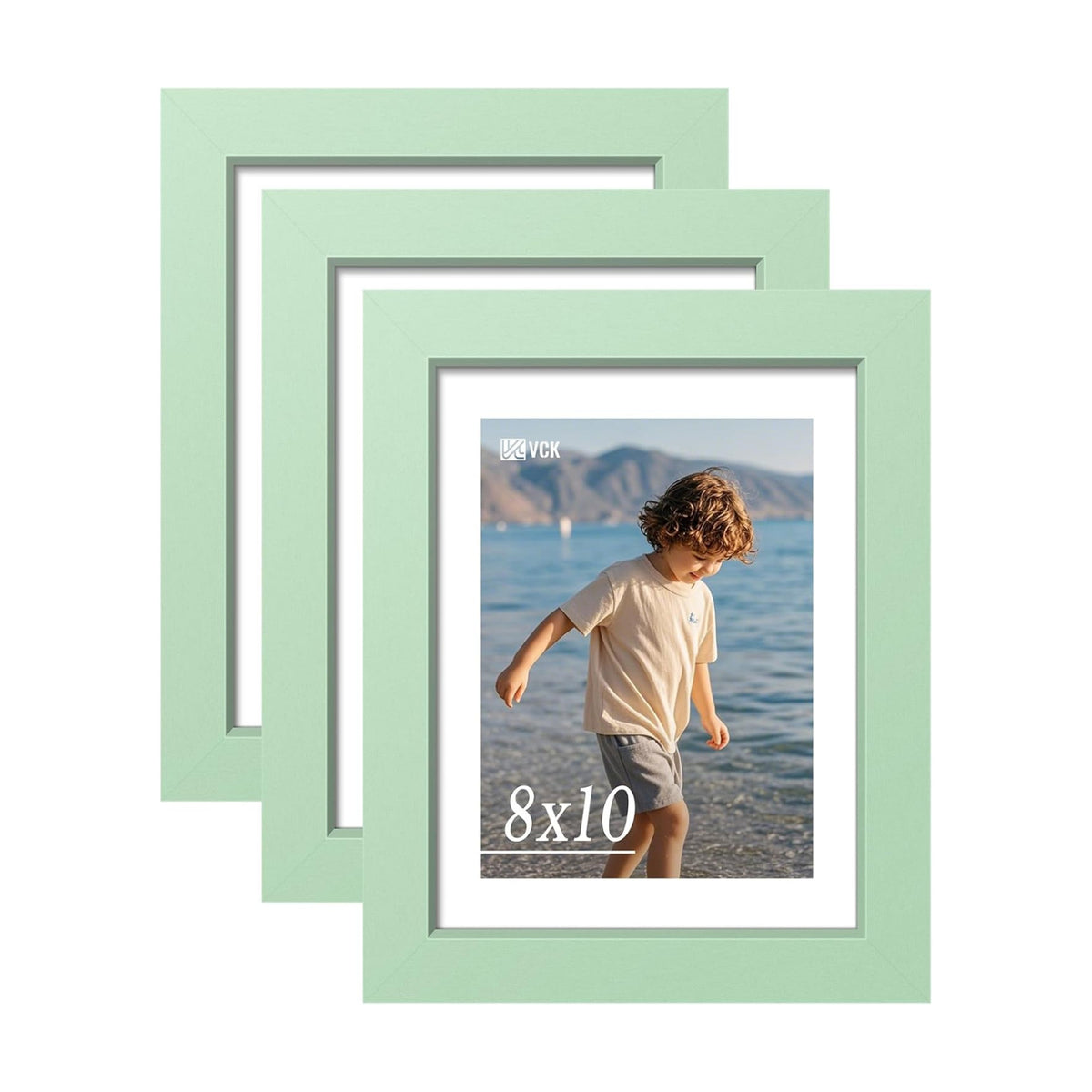 VCK 8x10 Picture Frame Set of 3 - Green, Wide Border Solid Wood Frame, Display Pictures in Horizontal and Vertical, for