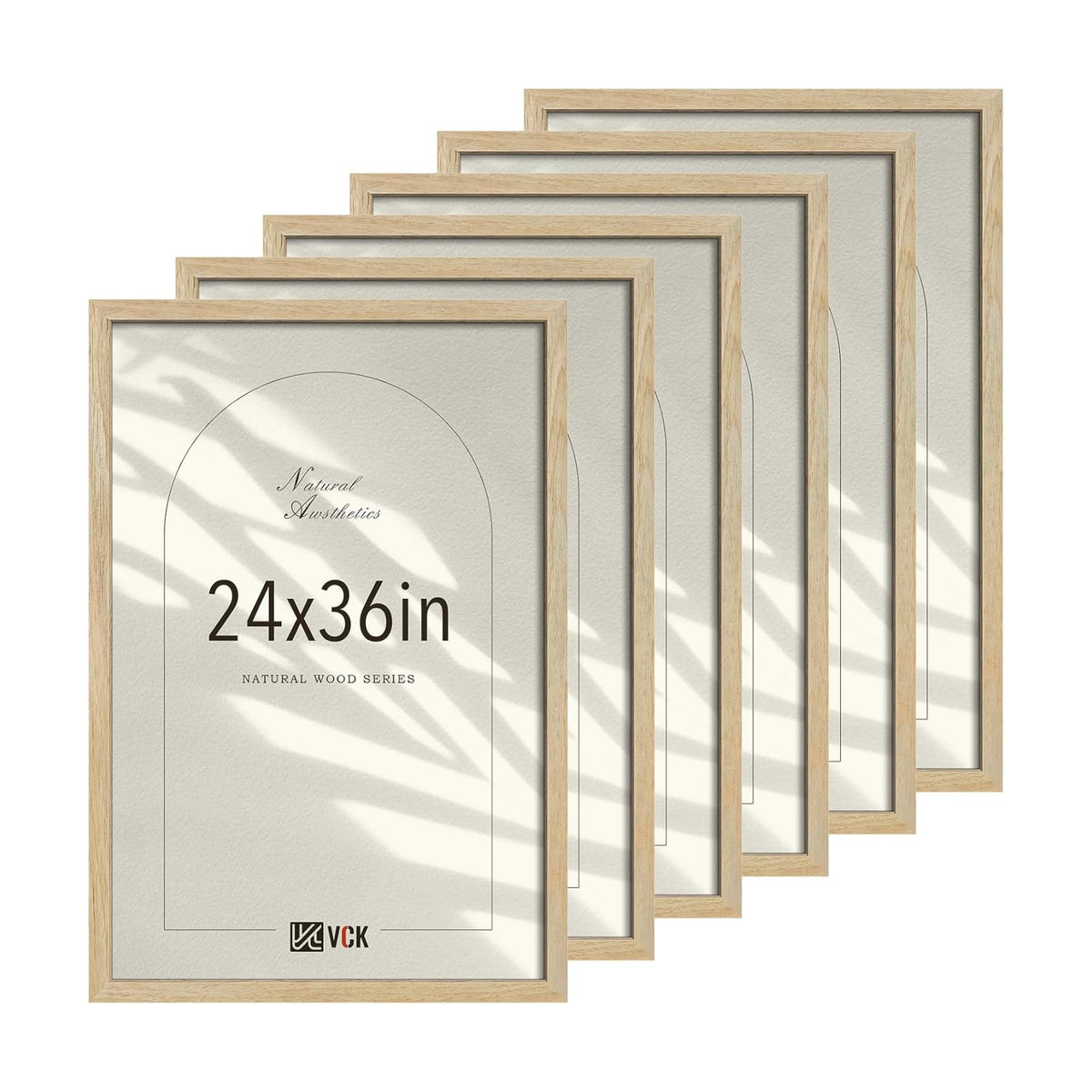 VCK 24x36 Poster Frames Set of 6, Natural Solid Wood, Wall Hanging | Wide Border, Light Woodgrain, Shatterproof