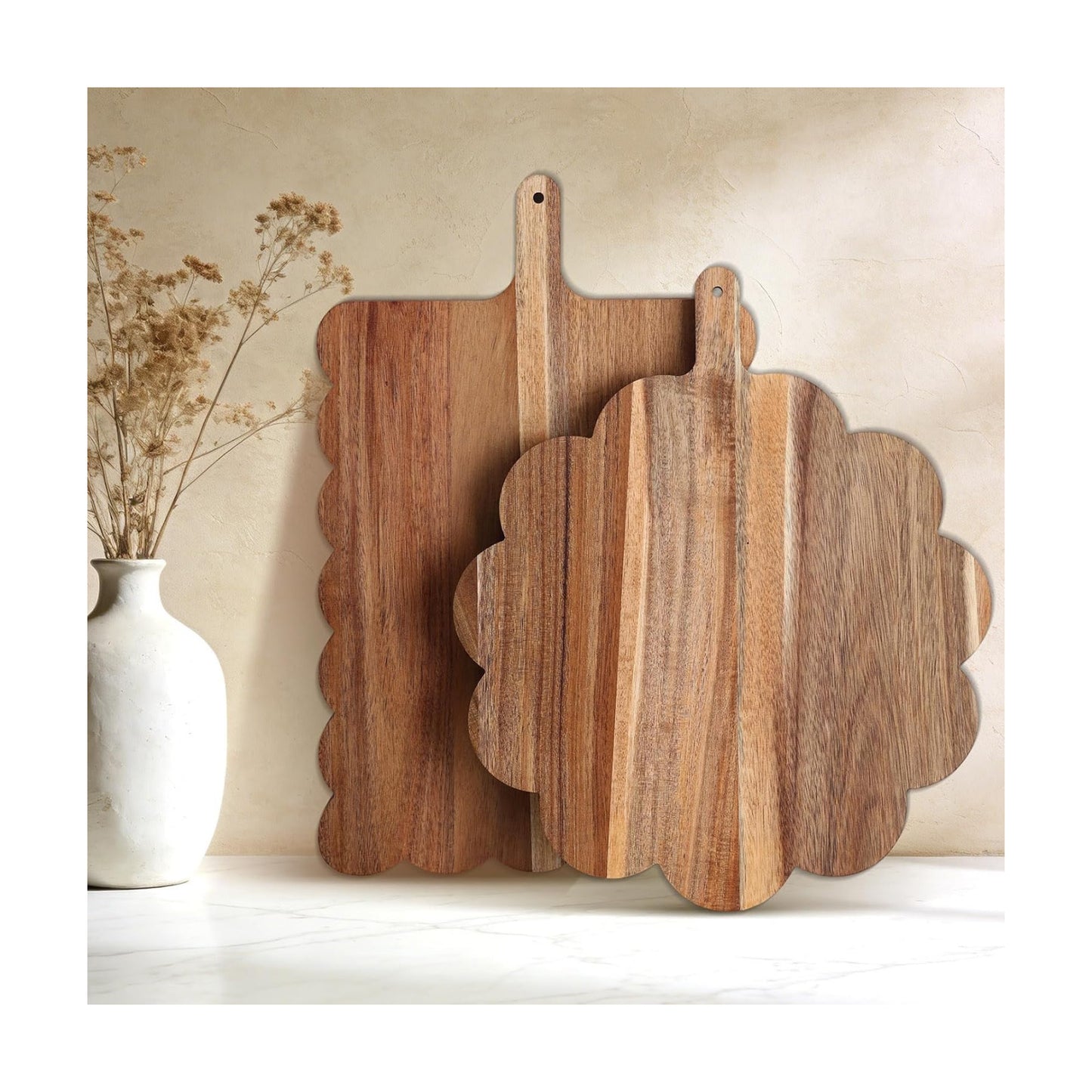 Acacia Wood Scalloped Cutting Boards Set / with Handle / Set of 2
