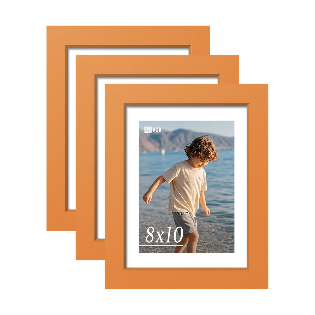 VCK 8x10 Picture Frame Set of 3 - Orange, Wide Border Solid Wood Frame, Display Pictures in Horizontal and Vertical
