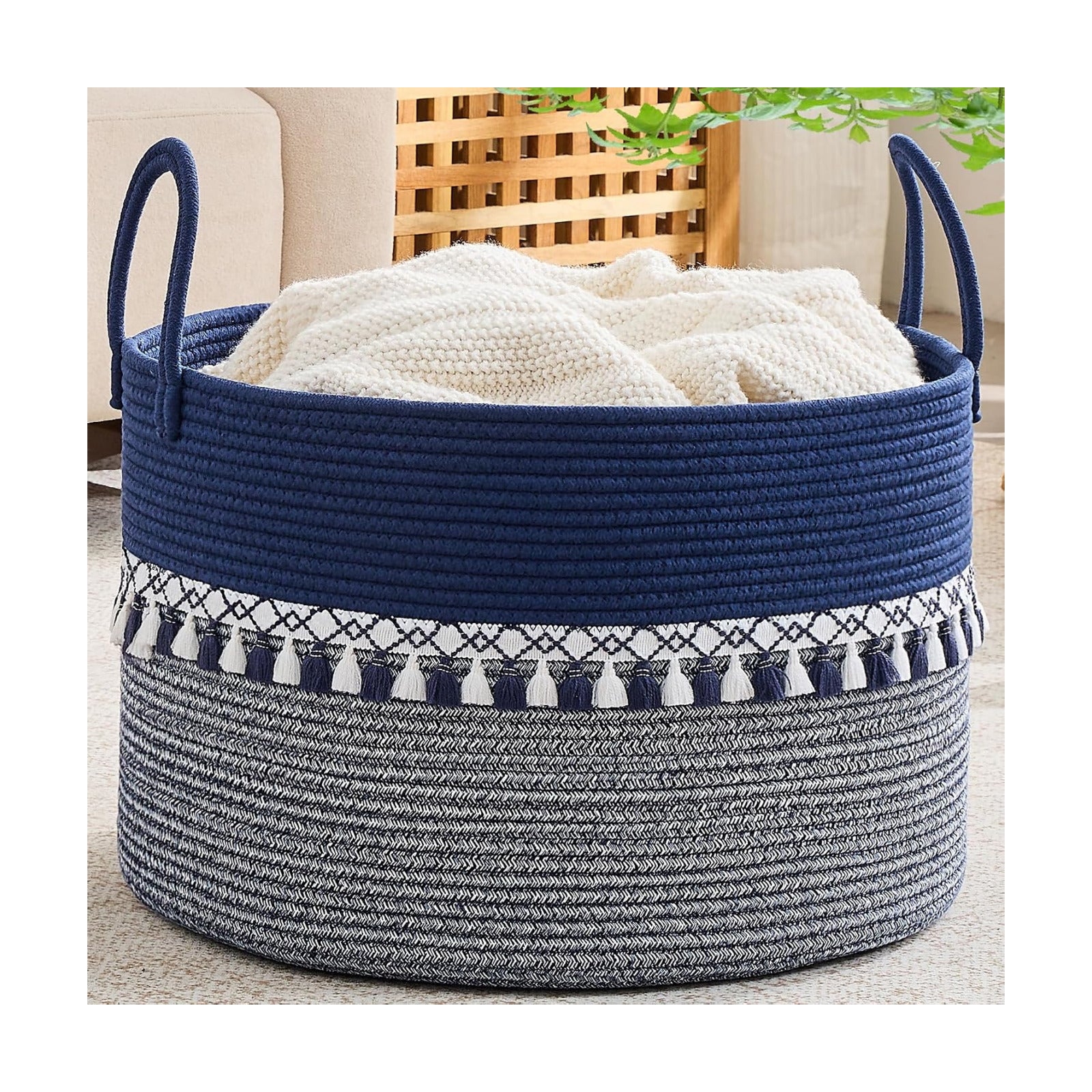 KAKAMAY Large Blanket Basket with Handles, Storage Basket for Living Room